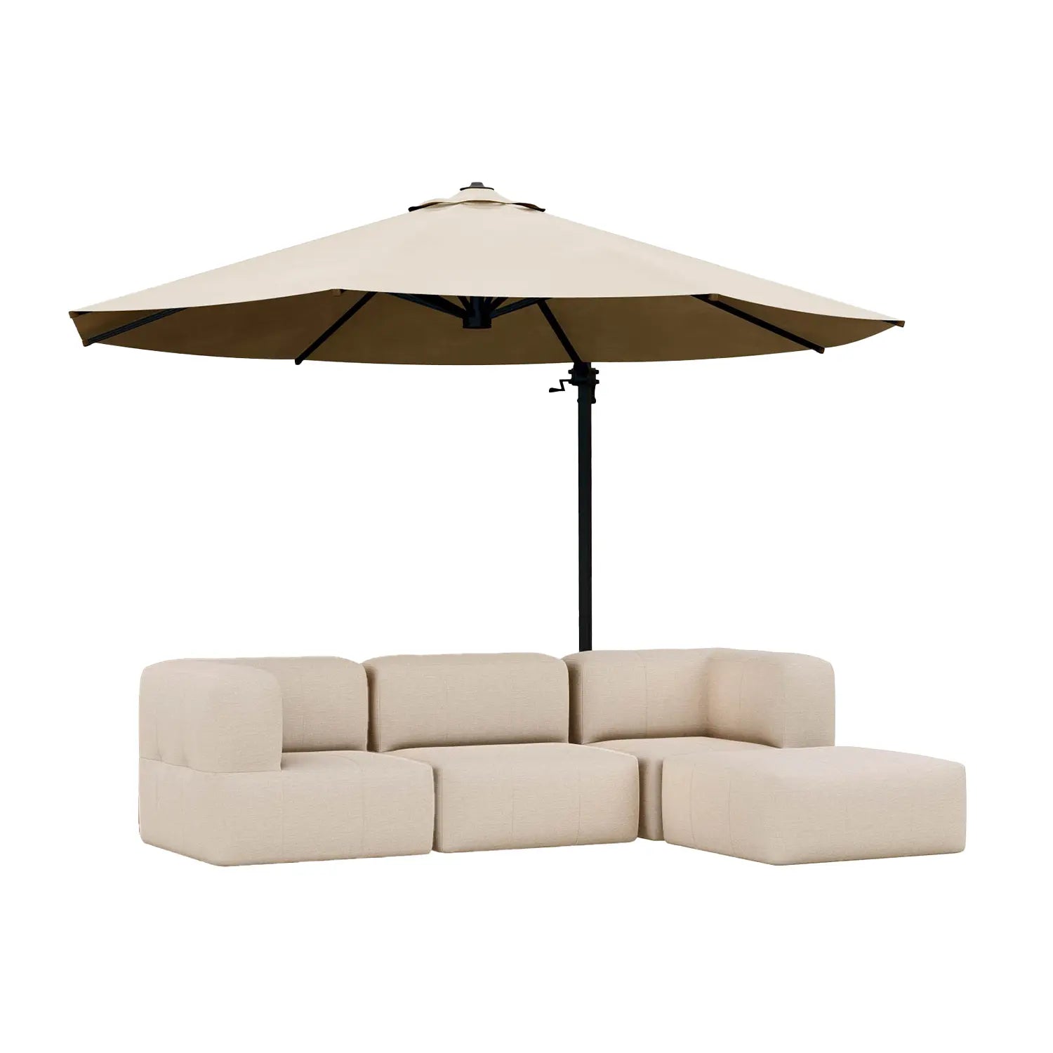 Lounge com 4 Puffs Puzz Modular + Ombrelone Cantilever 3,35x2,60m, Lateral Alumínio