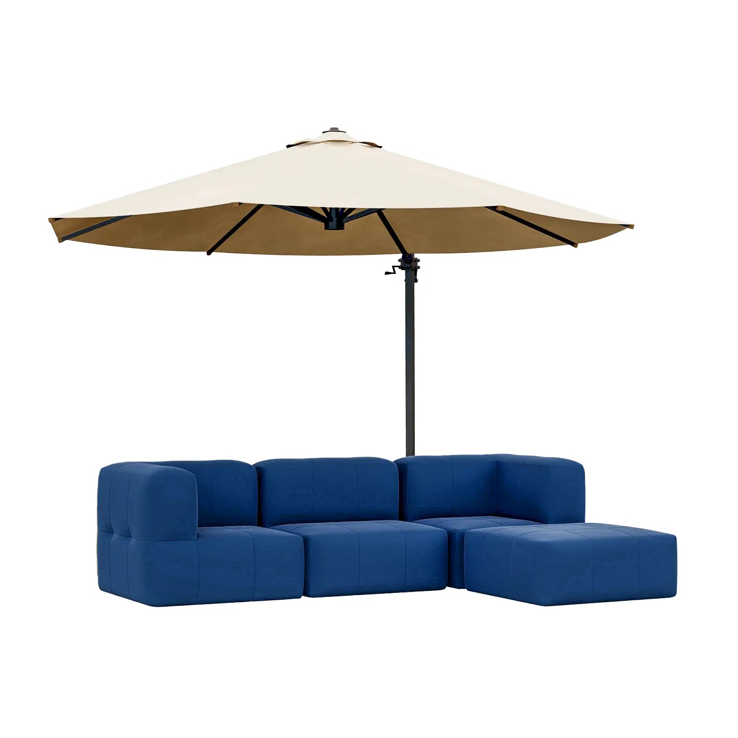 Lounge com 4 Puffs Puzz Modular + Ombrelone Cantilever Linho, 3,35x2,60m, Lateral Alumínio