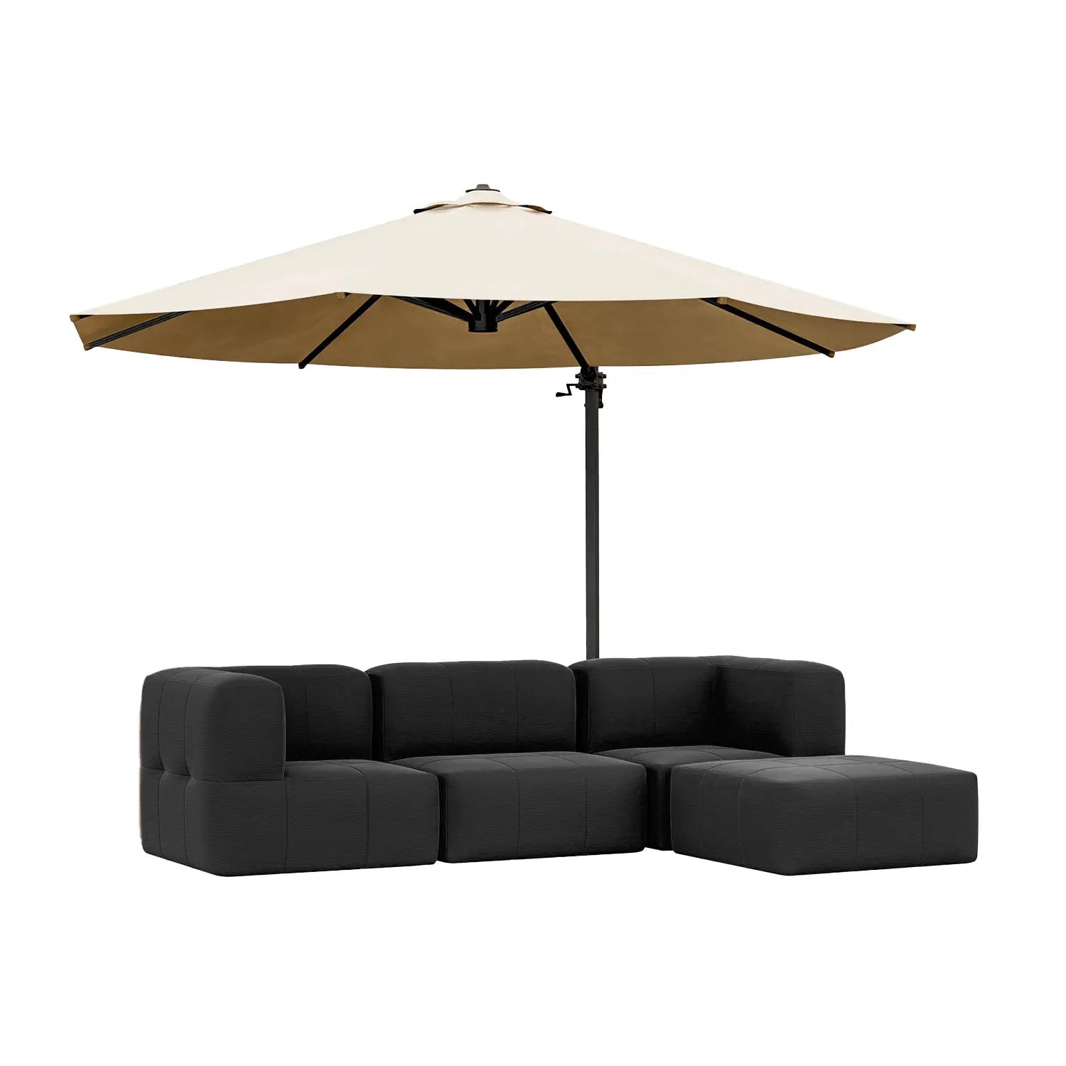Lounge com 4 Puffs Puzz Modular + Ombrelone Cantilever Linho, 3,35x2,60m, Lateral Alumínio