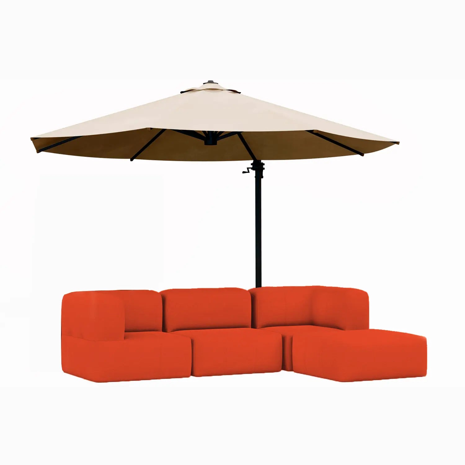 Lounge com 4 Puffs Puzz Modular + Ombrelone Cantilever Linho, 3,35x2,60m, Lateral Alumínio